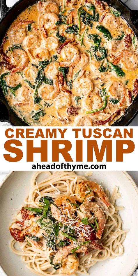 Creamy Tuscan shrimp packed with sun-dried tomatoes, spinach, and garlic, is creamy, rich, and delicious. Seared shrimp swim in a thick and delicious, buttery, creamy sauce. Seafood had never tasted so indulgent. Made in just 15 minutes (including prep!), creamy Tuscan shrimp brings the wow-factor to the table without the time or the energy. Serve this comforting meal with crusty bread for dipping, or over pasta, mashed potatoes, or rice. | aheadofthyme.com #creamytuscanshr... via @aheadofthyme Sundried Tomato Shrimp Pasta Recipes, Shrimp Pasta With Sun Dried Tomatoes And Spinach, Creamy Pasta Recipes Shrimp, Tuscan Shrimp And Spinach Pasta, Shrimp And Sundried Tomato Pasta, Tuscan Alfredo Pasta, Creamy Tucson Shrimp, Shrimp Tuscan Pasta Recipes, Shrimp Sundried Tomato Pasta