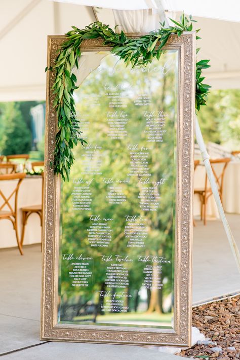 Wedding Reception Seating Chart Inspiration | Tall Gold Mirror with Handwritten Calligraphy and Greenery Decor| Tented Wedding Reception at The Estate at Cherokee Dock Tall Gold Mirror, Wedding Reception Seating Chart, Tented Wedding Reception, Reception Seating Chart, Mirror Wedding, Wedding Reception Seating, Tented Wedding, Greenery Decor, Handwritten Calligraphy