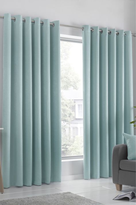 A simple, classic, semi-plain set of dim-out eyelet curtains with matching cushions that will suit any room in the house. These curtains feature a triple-woven fabric to effectively reduce the light levels going through the curtains, making them perfect for the summer. Additionally in these curtains help keep the heat in during the cold winter months..The curtains have an eyelet heading style that ensures the curtains are easy to hang and have a lovely drape. Dry clean only. 100% Polyester. Duck Egg Curtains, Duck Egg Blue Colour, Light Blue Curtains, Room Cooler, The Curtains, Plain Curtains, Eyelet Curtains, Blue Curtains, Lined Curtains