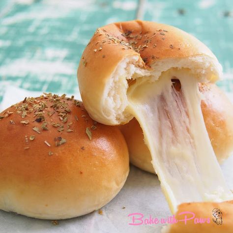 Stuffed Cheese Buns - BAKE WITH PAWS Cheese Stuffed Buns, Stuffed Buns Recipe, Cheese Buns Recipe, Tangzhong Bread, Japanese Picnic, Bread Character, Cafe Items, Asian Baking, Stuffed Buns