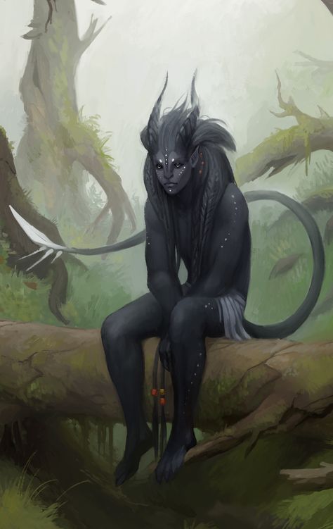 Zee by Alexandra Melnikova Forest Demon Art, Fey Touched Dnd, Humanoid Fantasy Creatures, Fey Touched Tiefling, Dark Forest Creatures, Demon Tails Ideas, Forest Tiefling, Grey Skin Character, Beast Humanoid