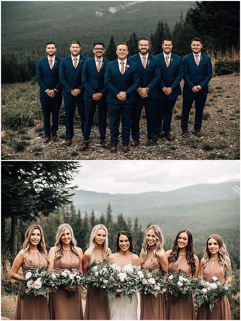 Marissa and Adam’s ‘Rustic Lush’ Ski Resort Wedding by Bethany Small Tan Bridesmaid Dresses Navy Suits, Arizona Spring Wedding Colors, Navy And Tan Wedding Colors, Bridal Party Color Schemes Fall, Wedding Party Attire Color Schemes, Wedding Party Color Scheme, Ski Resort Wedding, Wedding Party Poses, Wedding Parties Colors