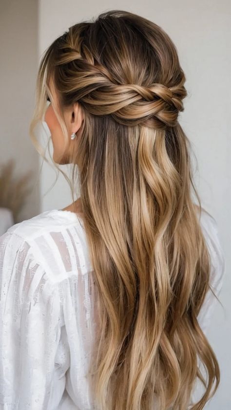 Discover 15 Stunning Half Up Half Down Wedding Hairstyles This Season - Fads Wedding Hair Half Up Half Down With Braid, Wedding Hair With Veil Medium Length, Loose Braided Half Up Half Down Hair, Wedding Simple Hairstyles For Long Hair, Half Up Bride Hair With Veil, Elegant Half Up Half Down Wedding Hair With Veil, Half Up Half Down Bridal Hair Shoulder Length, Bridal Hair No Extensions, Bridal Hair With Veil Half Up