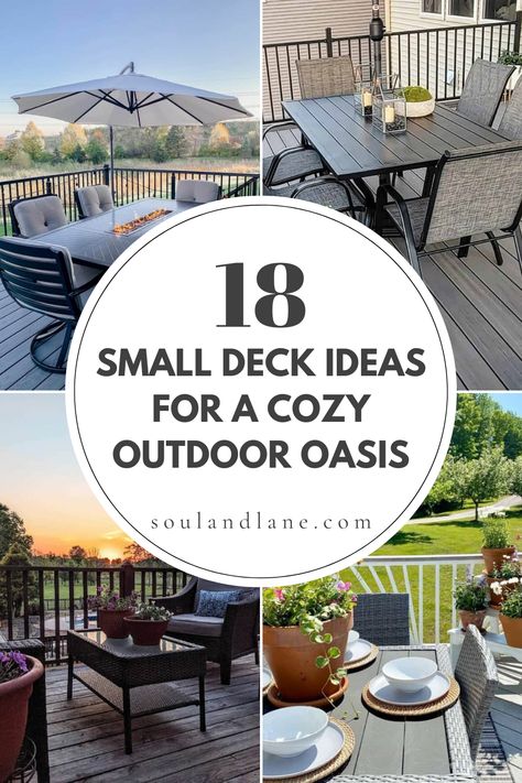 Maximize your small deck's potential with creative solutions that carve out a cozy nook for outdoor enjoyment. Incorporate built-in seating with storage underneath to save space and keep essentials handy. String lights or a small pendant lamp can add a magical glow at night. Use foldable or stackable furniture to easily adapt the space for different uses. Planters with herbs or flowers bring life and fragrance. Deck With Table And Seating Area, Deck Furnishing Ideas, Small Deck Seating Ideas, Small Deck Layout Ideas, Deck Inspo Outdoor Spaces, Small Outdoor Deck Decorating, Narrow Deck Furniture Layout, Deck Seating Ideas Built Ins, Small Deck Decor