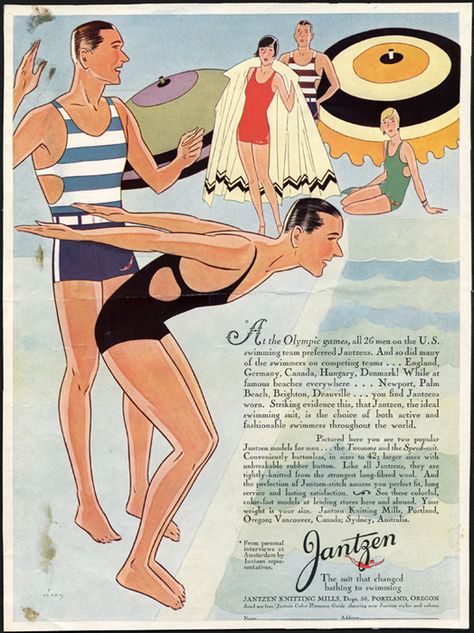 jantzen-at-the-olympic-games-1929_135705723538 1930s Swimwear, Mens Swimsuits, Beach Couture, Jantzen Swimwear, 1930s Men, Camper Art, Retro Swim, Luxury Sportswear, Retro Beach