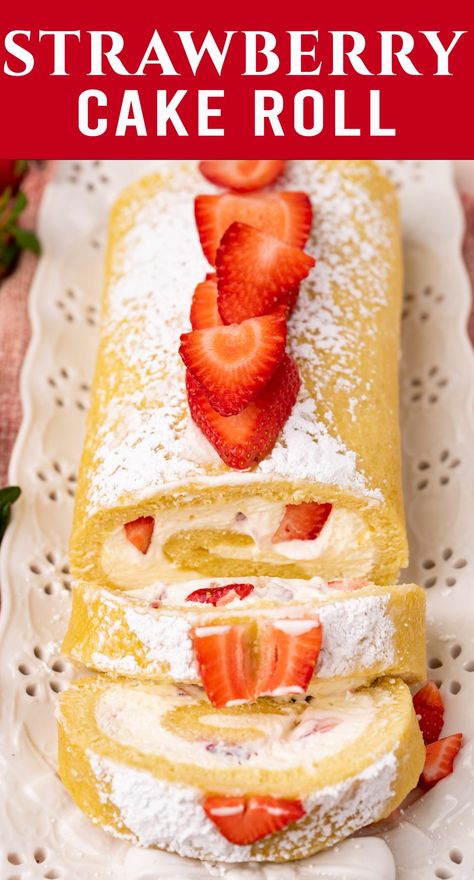 Fresh and light, this strawberries & cream cake roll makes a beautiful presentation to your spring or summer party. Lightly sweet with a soft, yellow sponge cake. via @thebestcakerecipes Strawberry Jam Roll Cake, Strawberry Sushi Roll Recipe, Spring Roll Cake, Strawberry Roll Cake Recipe, Strawberry Cake Roll Recipe, Yellow Sponge Cake, Strawberry Cake Roll, Cake Sushi, Yule Logs