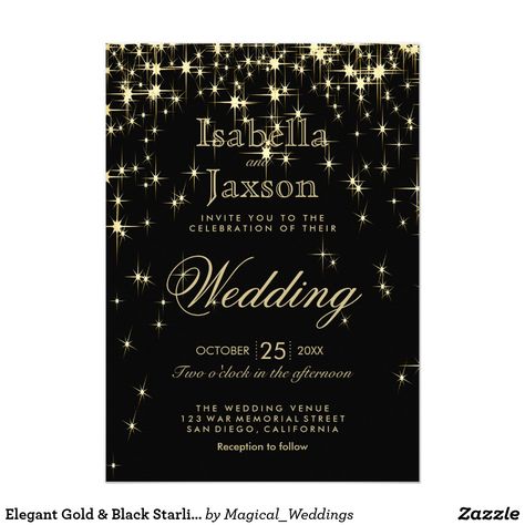 Elegant Gold & Black Starlights Wedding Invitation Wedding Stars, Starlight Wedding, Black Silver Wedding, Silver Wedding Theme, Black And Gold Wedding, Burgundy Wedding Invitations, Monogram Wedding Invitations, Black Wedding Invitations, Cheap Wedding Invitations