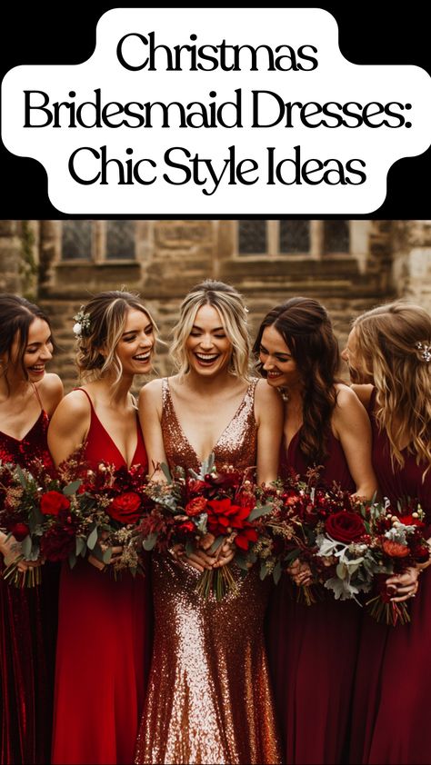 A group of bridesmaids in chic Christmas dresses featuring deep red and metallic tones, showcasing cozy fabrics and flattering silhouettes for a stylish winter wedding. Winter Red Wedding Theme, Winter Bridesmaid Dress Colors, Wedding Christmas Ideas, Christmas Eve Wedding Ideas, Christmas Wedding Party Attire, Christmas Bridesmaid Dresses, Right Dresses, Christmas Bridal Party, Wedding Magical