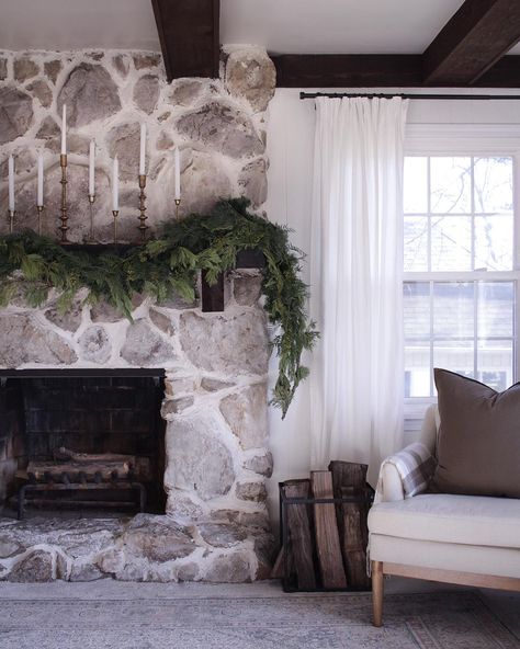 Over-Grouted Fireplace Project – Love Living Here Shmear Fireplace, Painted Mantle, Painted Stone Fireplace, Wood Mantle Fireplace, Stone Walls Interior, Dream House Aesthetic, Stone Fireplace Mantel, Wood Mantle, Paint Fireplace