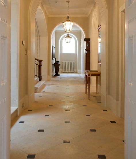 Old stone hallways are generally better cared for than the utilitarian areas of the house, and this leads to them ageing in a subtly different way. Our proprietary Artisan Aged finish perfectly recreates this sought-after look with a lightly chipped and hand honed surface. Tiled Hallway Floor, Modern Foyer Design, Foyer Design Ideas, Hall Tiles, Limestone Floor, Limestone Floor Tiles, Modern Foyer, Hall Flooring, Tiled Hallway