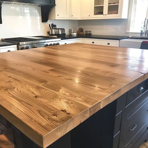 Oak kitchen countertop Wood Look Countertops Kitchen, Wood Floor Countertops, Homemade Kitchen Countertops, Teak Countertop Kitchen, Red Oak Countertop, Kitchen Island With Wood Countertop, Wood Counters Kitchen, Oak Kitchen Countertops, Oak Countertop Kitchen