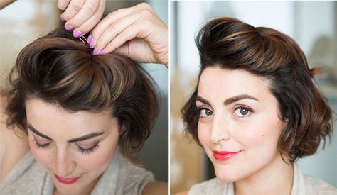 Use bobby pins to add a pompadour to your hair. Ways To Style Short Hair, Androgynous Haircut, Short Hair Bride, Style Short Hair, Short Hairdos, Short Brown Hair, Pin Up Hair, Ombré Hair, Short Wedding Hair