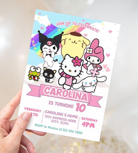 Hello Kitty And Friends Birthday Party, Hello Kitty Party Invitations, Friends Birthday Invitation, Hello Kitty Birthday Invitations, Baby Handprint Art, Baby Handprint Crafts, Hello Kitty Invitations, Life Printables, Birthday Milestone Board