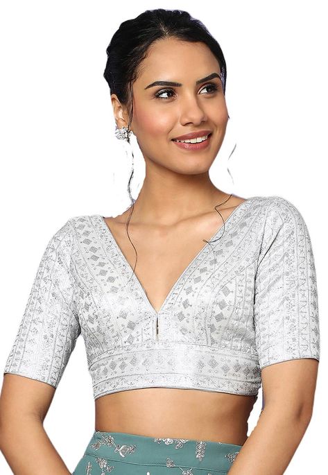 Readymade Art Silk Padded Blouse in Silver This V Neck and Half Sleeves Piece with Poly Cotton Lining is Enhanced with Dangle, Dori, Resham and Sequins It has a Back and Dori Closure The Choli and Sleeve Lengths are 14 to 15 and 7 to 8 inches respectively Do note: Bottom and Accessories shown in the image are for presentation purposes only.(Slight variation in actual color vs. image is possible.) V Neck Half Sleeve Saree Blouse, Half Sleeves Blouse Designs Indian, Silver Silk Blouse Designs, Silver Blouses For Saree, Silver Blouse Designs For Saree, Silk Blouse Neck Designs, Half Sleeves Blouse Designs, Silver Blouse Designs Latest, Padded Blouse Designs