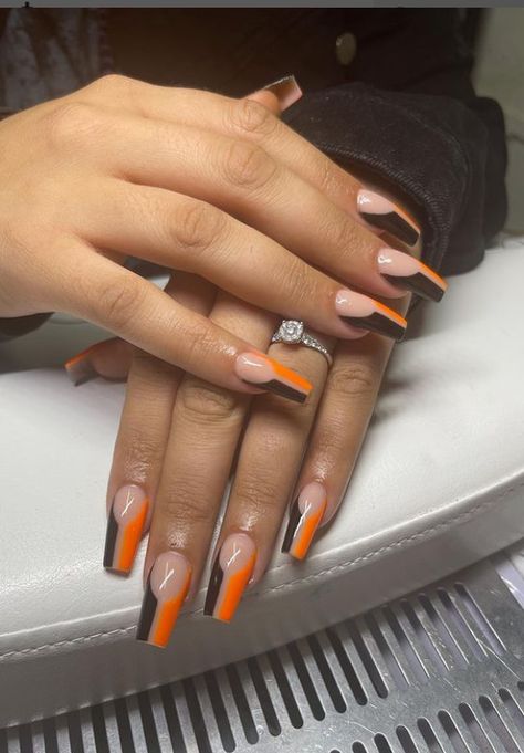 Graphic Art Thanksgiving Nail Designs Orange And Brown French Tip Nails, Brown Orange Nails Design, Brown Nail Tips Acrylic, Brown And Orange Nails Design, Brown And Orange Ombre Nails, Brunt Orange Nail Design, Brown And Orange Nails, Thanksgiving Nail Designs, Orange Nail Polish