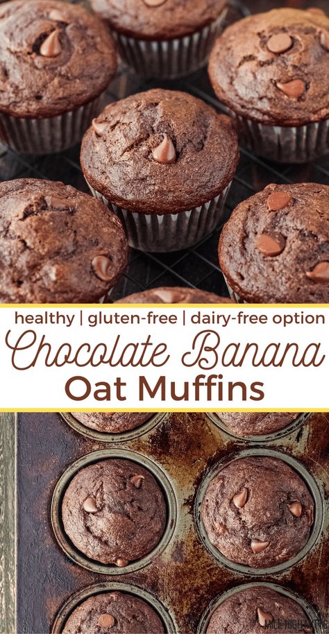 Protein Muffins With Oat Flour, Oat Flour Banana Muffins Healthy, Chocolate Oat Flour Muffins, Gluten Free Muffins Oat Flour, Banana Dairy Free Recipes, Gluten And Dairy Free Banana Muffins, Vegan Chocolate Protein Muffins, Protein Banana Chocolate Muffins, Banana Oat Chocolate Muffins