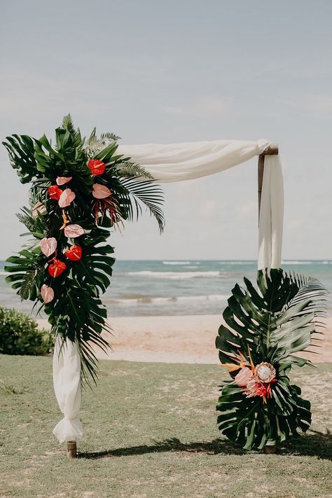 destination Wedding - Arch - Tropical Hawaii flower arch at Loulu Palm Farm Estate Mini Surfboard, Hawaiian Names, Farm Estate, Tropical Wedding Theme, Tropical Wedding Decor, Flower Arch, Wedding Ceremony Arch, Wedding Planner Book, Tropical Hawaii