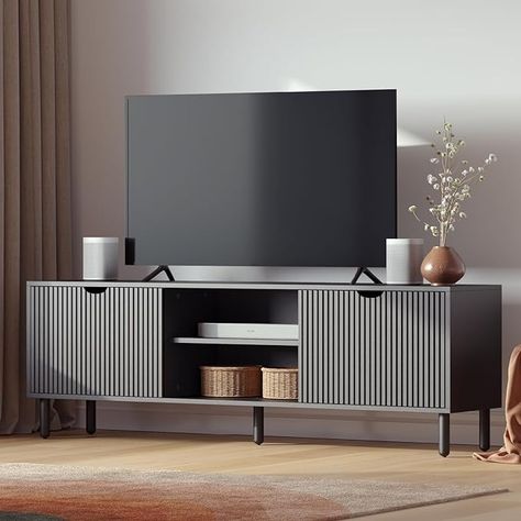 Amazon.com: Contemporary Fluted TV Stand - Media Console - 70 Inch Entertainment Center with Storage - Console Table for Living Room and Bedrooms - Supports 32 to 80" TVs - Soft-Close Cabinet Doors (Black) : Home & Kitchen Fluted Panel Tv Console, Tv Cabinet Aesthetic, Table For Under Tv, Black Modern House Decor, Classy Home Decor Living Room, Tv Stand Decor Living Room Apartment, Black Tv Stand Decor, Modern Farmhouse Tv Stand Decor, 75 Inch Tv Stand Ideas