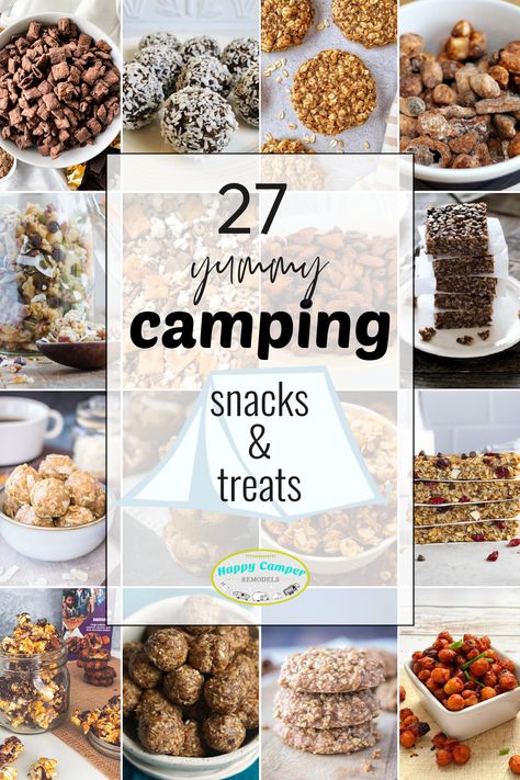 27 yummy recipes for amazing camping snacks and treats! Easy treats to make at the campsite or make ahead and bring along. Awesome camping food will make for a happy campsite! Camping snacks | Camping Treats | Granola recipes | Energy bite recipes | healthy camping recipes | healthy snacks | Camping desserts | Camp cooking | camp food Diy Camping Snacks, Easy Healthy Camping Snacks, Campfire Snacks Parties Food, Healthy Food For Camping, Best Desserts For Camping, Campfire Snacks For Adults, Best Snacks For Camping, Finger Food For Camping, Camp Out Snacks