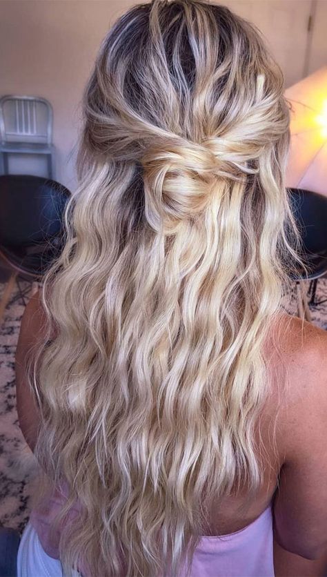 Beach Waves Homecoming Hair, Beach Wave Half Up Half Down Wedding, Beachy Hairstyles For Wedding, Half Up Half Down Wedding Hair Beach Waves, Beach Waves Hairstyles Half Up, Beach Wave Hair Styles Half Up, Beach Curls Half Up Half Down, Beach Waves Hair Half Up Half Down, Half Up Half Down Hair Beach Waves