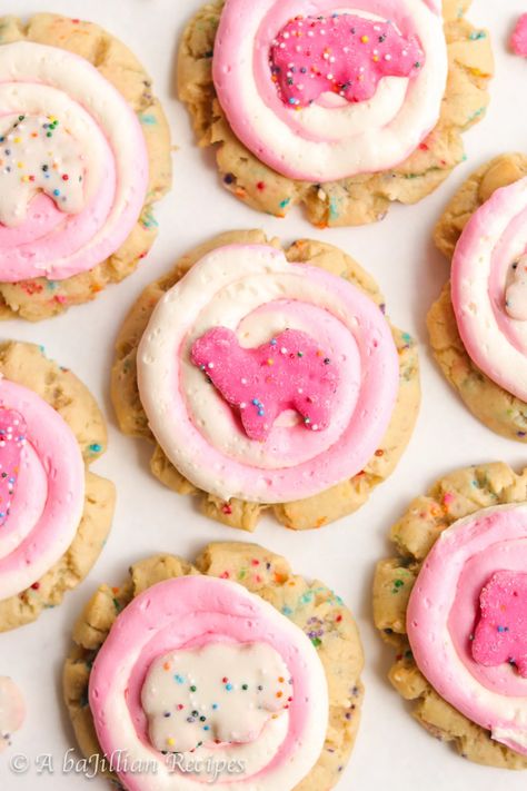 Chewy Cake, Circus Animal Cookies, Frosted Animal Crackers, Raspberry Cheesecake Cookies, Circus Cookies, Animal Cracker, Cake Batter Cookies, White Chocolate Frosting, Cookie Birthday Party