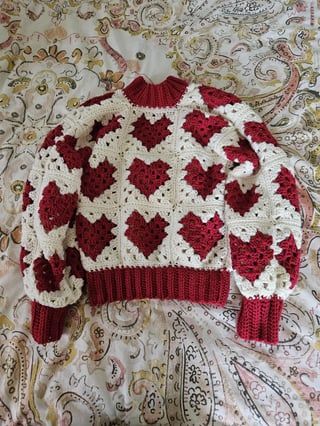 Knitted Heart Sweater, Valentines Crochet Sweater Pattern, Crochet Heart Granny Square Sweater, Crochet Valentine Sweater, Heart Granny Square Sweater, Valentines Crochet Sweater, Crochet Heart Sweater Pattern Free, Heart Sweater Crochet, Crochet Heart Sweater