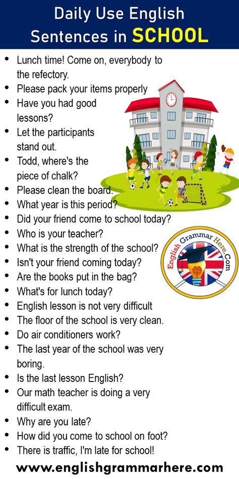 22 Daily Use English Sentences in SCHOOL Examples Lunch time! Come on, everybody to the refectory. Please pack your items properly Have you had good lessons? Let the participants stand out. Todd, where’s the piece of chalk? Please clean the board. What year is this period? Did your friend come to school today? Who is your teacher? What is the strength of the school? Isn’t your friend coming today? Are the books put in the bag? What’s for lunch today? English lesson is not very difficult The ... Books To Improve English, Weather In English, Advance English, The Last Lesson, English Sentence, Learning Grammar, Linking Words, English Vinglish, Speech Articulation