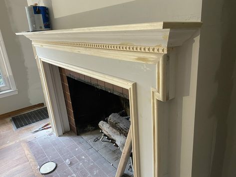 Dental Moulding Fireplace, Picture Frame Molding Around Fireplace, Dentil Moulding Fireplace, Classic Fireplace Mantle, 1950 Fireplace, Colonial Fireplace Ideas, Fireplace Trim Ideas Moldings, 90s Fireplace Makeover, Fireplace Moulding