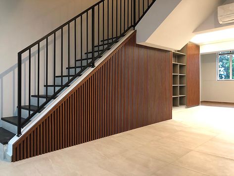 Hidden Staircase Door, Hidden Door Staircase, Under The Stairs Panelling, Fluted Staircase Wall, Under Stairs Hidden Door, Staircase Hidden Door, Fluted Staircase, Fluted Wall Panel Tv, Fluted Panel Tv Wall