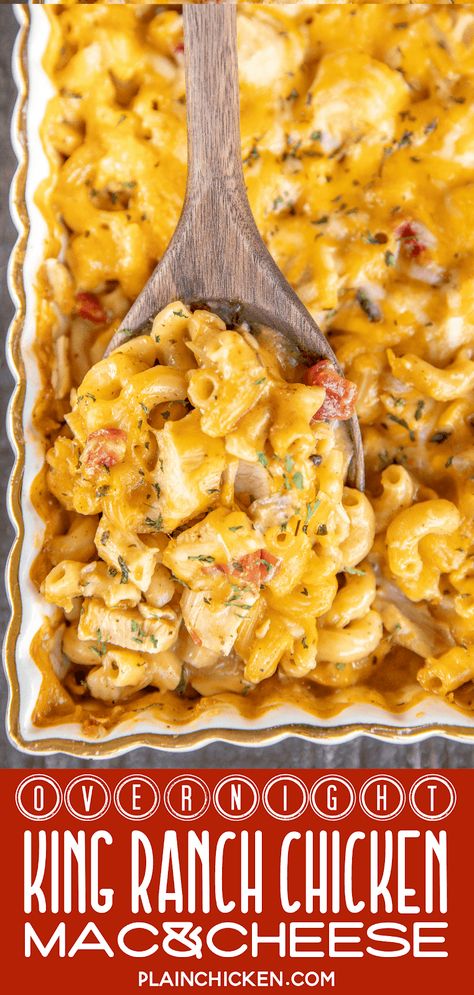 Overnight King Ranch Chicken Mac and Cheese - a new family favorite! It is on repeat in our house! It is like #chicken tetrazzini with #Velveeta and #Rotel. YUM! Just dump everything in the #casserole dish and refrigerate overnight. No boiling the noodles! Chicken, cream of chicken, cream of mushroom, milk, chicken broth, Velveeta, Rotel, taco seasoning, elbow macaroni and mexican cheese blend. Use a rotisserie chicken for quick prep. #texmex #mexican #freezermeal King Ranch Pasta, Chicken Rice Velveeta Recipes, Elbow Noodle Chicken Recipes, King Ranch Mac And Cheese, Elbow Macaroni Casserole Recipes, Dinner Ideas With Elbow Noodles, King Ranch Chicken Pasta, Elbow Macaroni Recipes With Chicken, Crockpot Recipes With Elbow Noodles