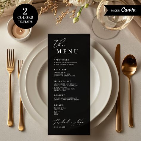 Elegant Black and White Menu Card Template 3.75"x 9" CUSTOMIZABLE CANVA TEMPLATE INSTANT DIGITAL TEMPLATE  Create a stunning dining experience for your guests with our Elegant Menu Card Template! Perfect for weddings, baby showers, bridal showers, engagements, and other sophisticated events, this customizable template will showcase your menu in style. Product Details: ⇨ Instant Download: Receive your template immediately after purchase. ⇨ Fully Editable: Customize the text, colors, fonts, and gr Luxury Wedding Menu Cards, Private Dinner Menu Design, Menu Card For Wedding, Wedding Menu Black And White, Event Menu Design, Black Menu Card, Menu Wedding Cards, Dinner Menu Design, Menus Design