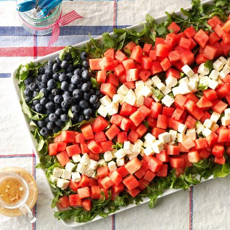 Watermelon Feta Flag Salad Recipe -Our family celebrates the Fourth of July with a watermelon salad that resembles the flag. Here’s an all-American centerpiece that’s truly red, white and blue. —Jan Whitworth, Roebuck, South Carolina Easy July 4th Recipes, July 4th Appetizers, Summer Flavors, Light Appetizers, Summer Cookout, Watermelon And Feta, Honey Balsamic, Strawberries Blueberries, Fourth Of July Food