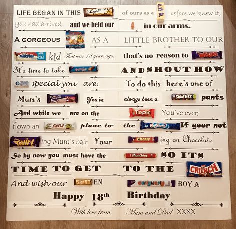 18th birthday chocolate story board. Chocolate lovers gift. Unique chocolate story gift. Birthday candy card. 18th Birthday Notes, Birthday Chocolate Bar Card, Birthday Rhymes, Chocolate Board, Chocolate Lovers Gift, Candy Card, Chocolate Bar Card, Chocolate Card, Bar Card