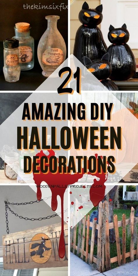 21 Amazing DIY Halloween Decorations Looking for diy Halloween decorations that you can make yourself? Here you'll find all sorts of awesome, scary, creepy looking projects and decor. Halloween Decor Potion Bottles, Cheap Cute Halloween Decor, Creepy Easy Pumpkin Carving Ideas, Diy Halloween Outside Decor, Halloween Diy Indoor Decor, Cheap Outdoor Halloween Decor, Funny Halloween Decor, Diy Potion Bottles Halloween, Cheap Halloween Decorations Outdoor