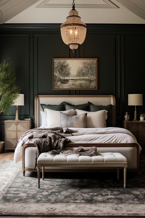 Taupe Wall Bedroom Ideas, Vivir Design Bedroom, Ivory Bed Frame Room Ideas, Heritage Bedroom Design, Timeless Master Bedrooms Decor, Transitional Glam Bedroom, Bougie Bedroom, Black And Green Bedroom, Dream Bedroom Aesthetic