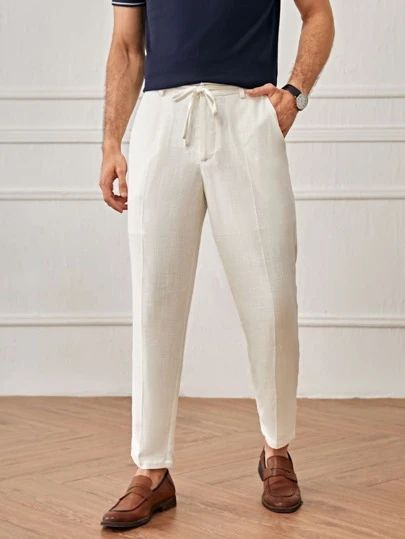 Linen Pants Outfit Men, White Linen Pants Outfit, Mens Linen Outfits, White Pants Men, White Linen Trousers, Linen Pants Outfit, White Pants Outfit, Shein Men, Casual Linen Pants