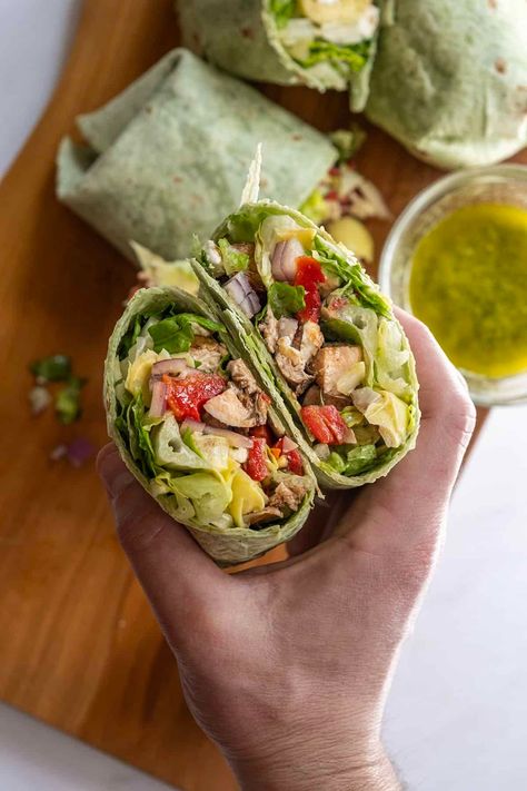 Mediterranean Chicken Wrap - always from scratch Chicken Roasted Red Peppers, Mediterranean Chicken Wrap, Lemon Basil Vinaigrette Dressing, Mediterranean Diet Chicken, Lemon Basil Dressing, Goat Cheese Burger, Mediterranean Diet Recipes Breakfast, Chicken Wrap Recipe, Mediterranean Chicken Recipes