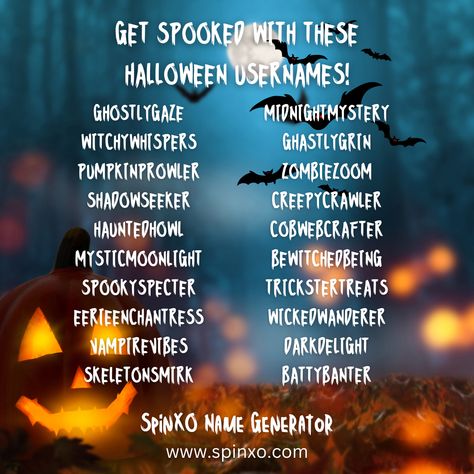 It's spooky season! Elevate your Halloween vibes with these hauntingly cool usernames. Which one will you pick? 🦇🕷️

#halloween #usernames #names #nameideas Halloween Name Generator, Spooky Names Ideas, Halloween Usernames, Roblox Username Ideas, Cool Usernames, Username Generator, Halloween Names, Create Name, Username Ideas