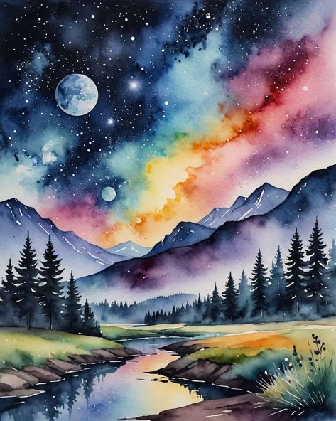 I am making a whole large series of cute Galaxy Watercolor Animals, & a cute Galaxy Watercolor Café treats, and fantasy landscapes. A fun mix of rainbow, galaxy, neon colors. Fun on glitter & holographic paper, too! Once I get them all uploaded, my style & color choices looks great to mix & match & tile a few to many pieces together. Aurora Watercolor, Galaxy Watercolor Painting, Galaxy Art Painting, Watercolour Galaxy, Watercolor Whimsical, Art Galaxie, Galaxy Watercolor, Space Watercolor, Holographic Paper