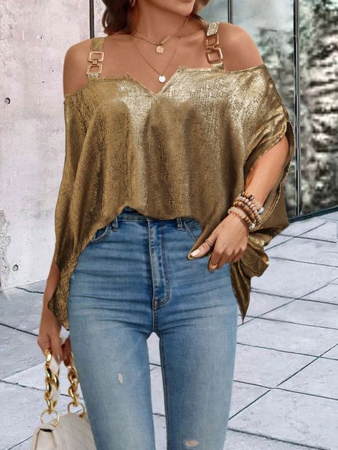 Gold Casual Collar Short Sleeve Fabric Plain Top Embellished Non-Stretch  Women Clothing Outfits Blanco, Gold Tops, Plain Tops, Gold Top, Women Blouses, Simple Trendy Outfits, Error Page, Casual Top, Top Casual