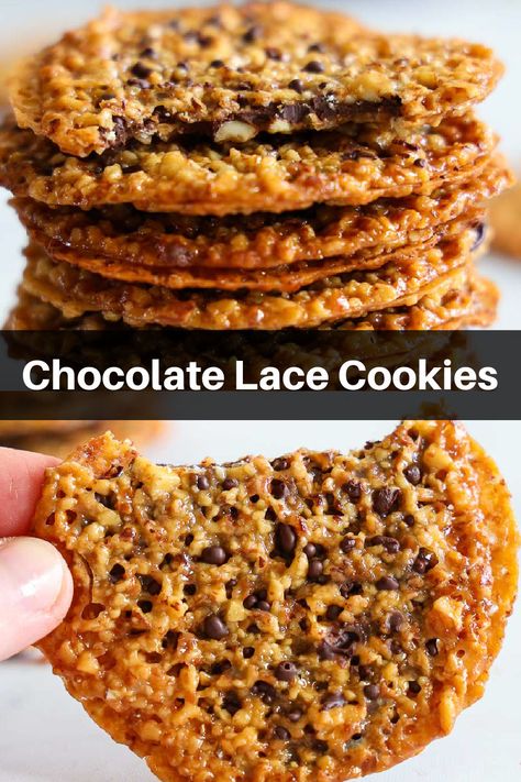 close up image of chocolate lace cookies Lace Chocolate Chip Cookies, Easy Lace Cookies, Lace Cookies With Chocolate, Italian Lace Cookies, Easy Florentines Recipe, Oat Lace Cookies, Lattice Cookies Recipe, Lace Florentine Cookies, Christmas Lace Cookies