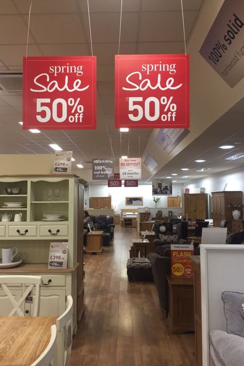 Hanging signs are perfect for supermarkets and department stores. Use overhead signage for wayfinding and for highlighting your special offers. Hanging Store Sign, In Store Signage, Sale Display Ideas, Hanging Signage, Dangler Design, Mid Year Sale, Sale Signage, Fashion Store Design, Signage Board