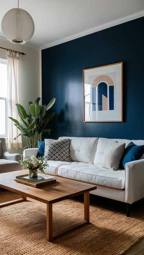 Accent Wall Designs To Steal Today – My Blog Navy Blue Accent Wall Living Room, Navy Accent Wall Living Room, Blue Accent Wall Living Room, Blue Accents Living Room, Accent Wall Living Room, Blue Accent Wall, Navy Accent Walls, Dark Grey Living Room, Blue Walls Living Room