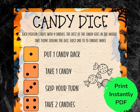 Candy Dice Game Halloween Party Games Candy Game Kids - Etsy Halloween Party Ideas For Elderly, Halloween Games For Family, Halloween Games For Seniors, Halloween Games For Adults Party, Halloween Party Activities For Adults, Halloween Activities For Adults, Halloween Dice Game, Halloween Party Games For Teens, Halloween Kids Games