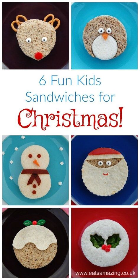 6 Easy fun sandwiches for Christmas - fun food for kids - perfect for festive party food and lunch boxes - Eats Amazing UK     #Christmas #FoodArt #ChristmasFood #sandwich #kidsfood #funfood #creativefood #christmasparty #partyfood #bento Christmas Sandwiches For Kids, Christmas Food Kids Can Make, Christmas Lunch Ideas For Kids, Fun Sandwich Ideas, Fun Sandwiches For Kids, Kids Sandwiches, Bento Snacks, Party Food Healthy, Fun Sandwiches