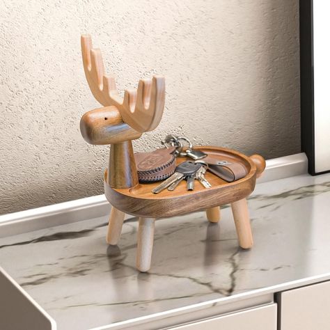 PRICES MAY VARY. ♥Multi-purpose Wooden Key Tray: This lucky deer is a great helper for your storage. It can be a key tray for the entryway table, a fruit candy dish for desk, or a trinket dish, a jewelry and cosmetic storage tray on the dresser, and can also be placed on the coffee table to hold small objects. It's suitable for various occasions, such as living room, bedroom, balcony, desk, home, or office. ♥Exquisite craftsmanship: 100% made of Thailand senior acacia and Germany-imported beech Unique Wooden Products, Wooden Decorative Items, Balcony Desk, Deer Craft, Wooden Tray Decor, Elf Jewelry, Wooden Objects, Christmas Entryway, Key Tray