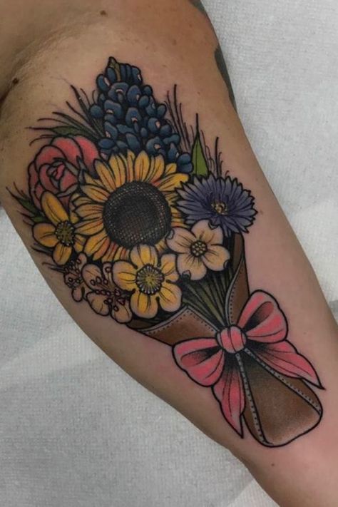 Tattoo uploaded by Blake Cranford • Bouquet of Flowers • 784898 • Tattoodo Realistic Bouquet Tattoo, Colored Bouquet Tattoo, Bouquet Of Flowers Tattoo, Calf Tattoos For Women, Tat Inspiration, Strong Tattoos, Tattoo 2023, Flower Bouquet Tattoo, Cobra Tattoo