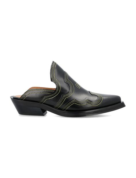 Leather Embroidered Western mules by Ganni.Featuring:Pointed toeCuban heelOpen heelEmbroidered design detailsHeel: 4 cmGender: WomenMaterial: 100% leather Sole 100% rubberColor: BLACK YELLOWMade in: PTProduct ID: 23AS19954911#864*Import tax/duty will be calculated at checkout (If applicable) Western Mules, Cuban Heels, Embroidered Leather, Open Toed Heels, Cowboy Boot, Embroidered Design, Mules Shoes, Luxury Retail, Favorite Jeans