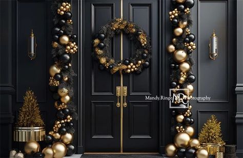 🎄Amazing Christmas Fabric Backdrops for Photography Black Christmas Backdrop, Black And Gold Christmas Decor, Black And Gold Christmas, Door Backdrop, Black Christmas Decorations, Black Gold Christmas, Door Backdrops, Brick Backdrops, Garden Backdrops