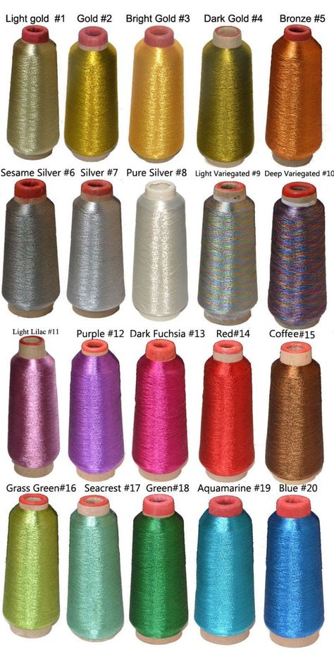 Free shipping,MS type Metallic Embroidery Thread, 4000m/cone, 19 Colors For Choosing,Price is for 1 spool, choose your color-in Thread from Home & Garden on Aliexpress.com | Alibaba Group Colour Shade Card, Feather Template, Blue Slime, Saree Kuchu Designs, Diy Hair Accessories Ribbon, Sewing Room Design, Machine Embroidery Thread, Metallic Embroidery, Tambour Embroidery